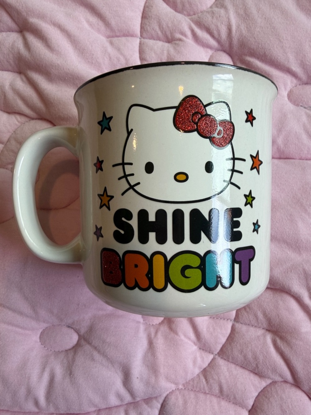 Hello Kitty White Ceramic Mug with Glitter Pink Bow and Rainbow Lettering